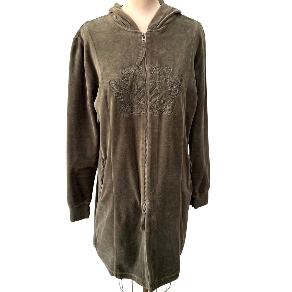 Cabi Velour Hooded Duster Jacket Sz. Large Olive Green Brown Y2K Embroidered Zip